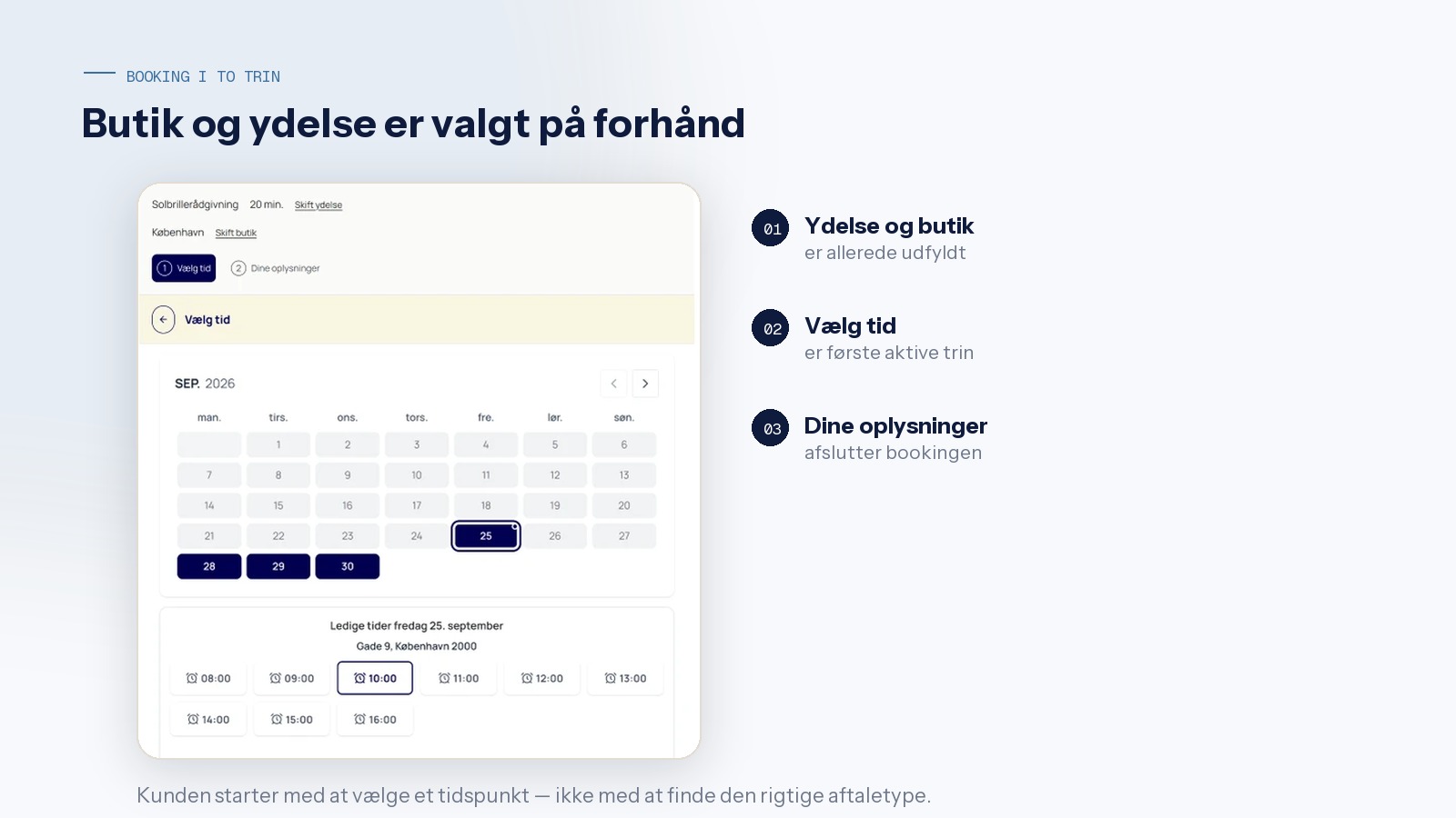 Bookingpanel hvor ydelse og butik er udfyldt på forhånd, og kunden vælger dato og tidspunkt