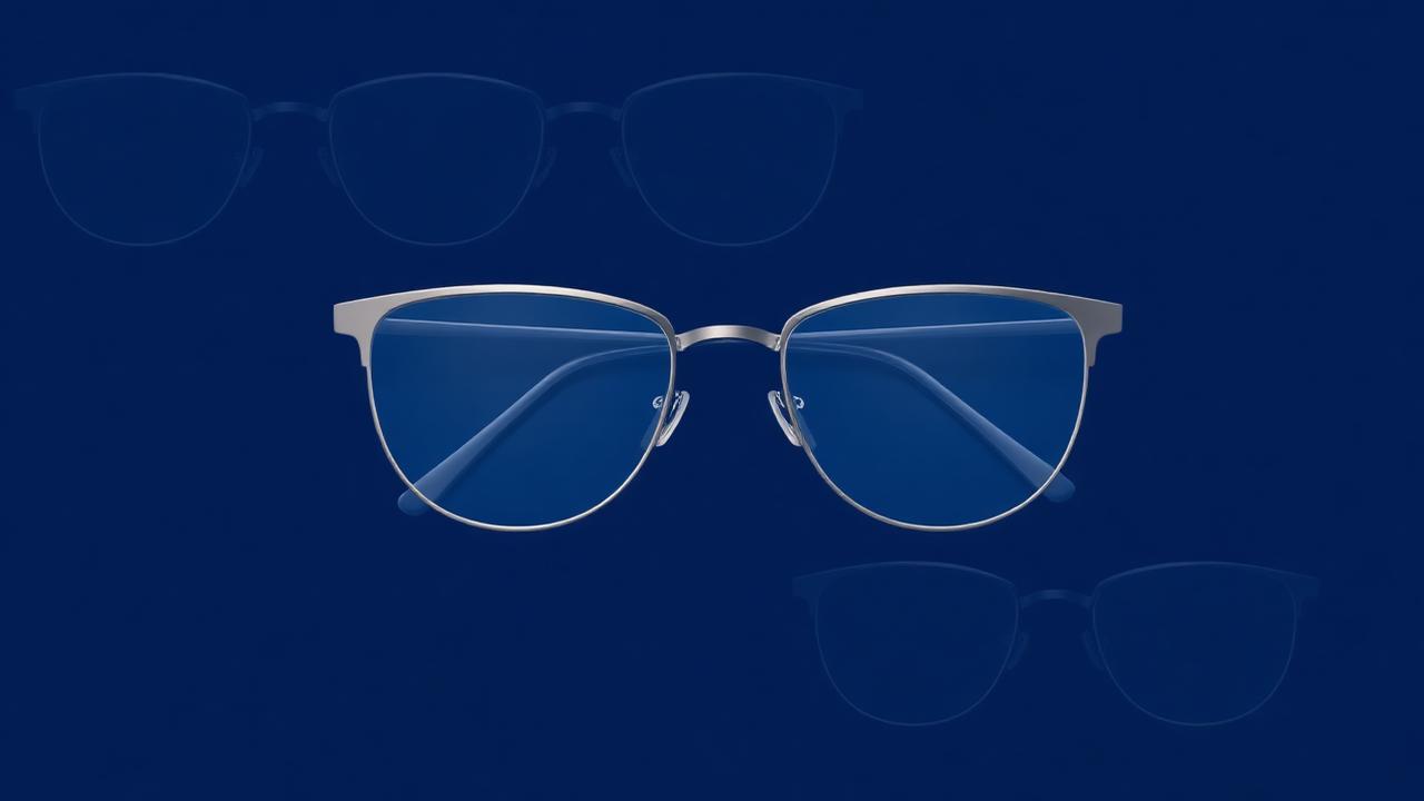 Abstrakt illustration i navy og blå med stiliserede minimalistiske brillestel