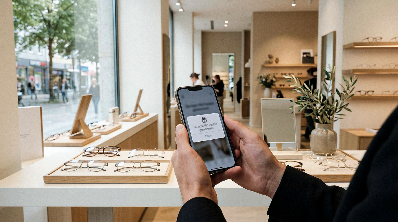 Kunde holder en smartphone i en moderne optikerbutik og ser en notifikation om optjente loyalitetspoint