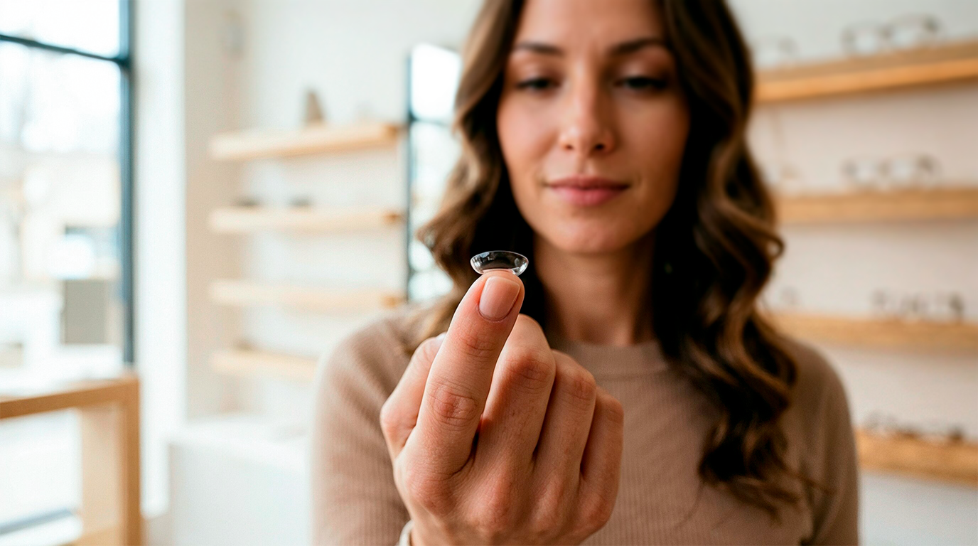 Kvinde i optikerbutik holder en kontaktlinse på fingerspidsen