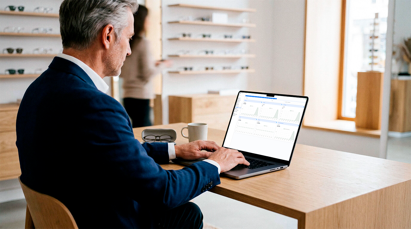 Optiker i jakkesæt sidder ved en træ-disk og arbejder med bogføringsdata på en bærbar computer i en lys, moderne optikerbutik