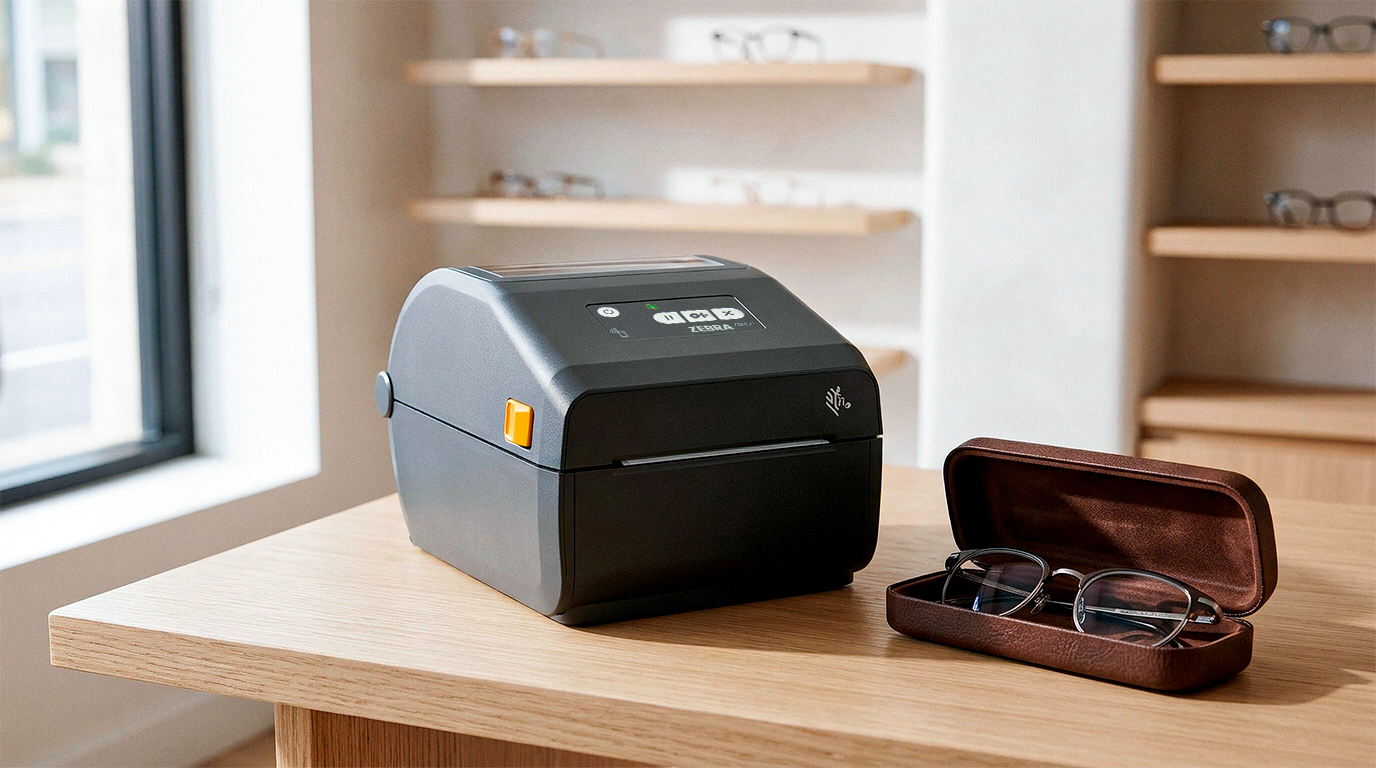 Zebra ZD421 labelprinter på en træ-disk i en moderne optikerbutik ved siden af et brilleetui