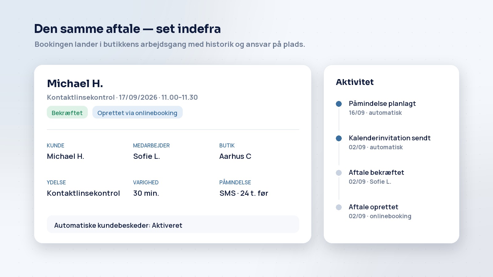 Aftalekort med kunde, medarbejder, butik og aktivitetslog for den samme booking