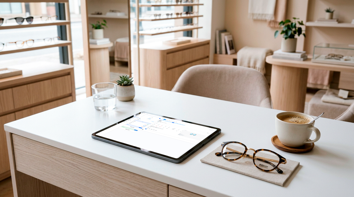 iPad med OptikPartner-bestillingsskærm på en lys disk i en moderne optikerbutik, ved siden af et par briller og en kop kaffe