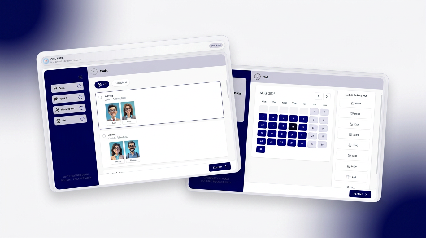 To skærmbilleder af OptikPartners bookingflow: valg af butik og valg af tidspunkt